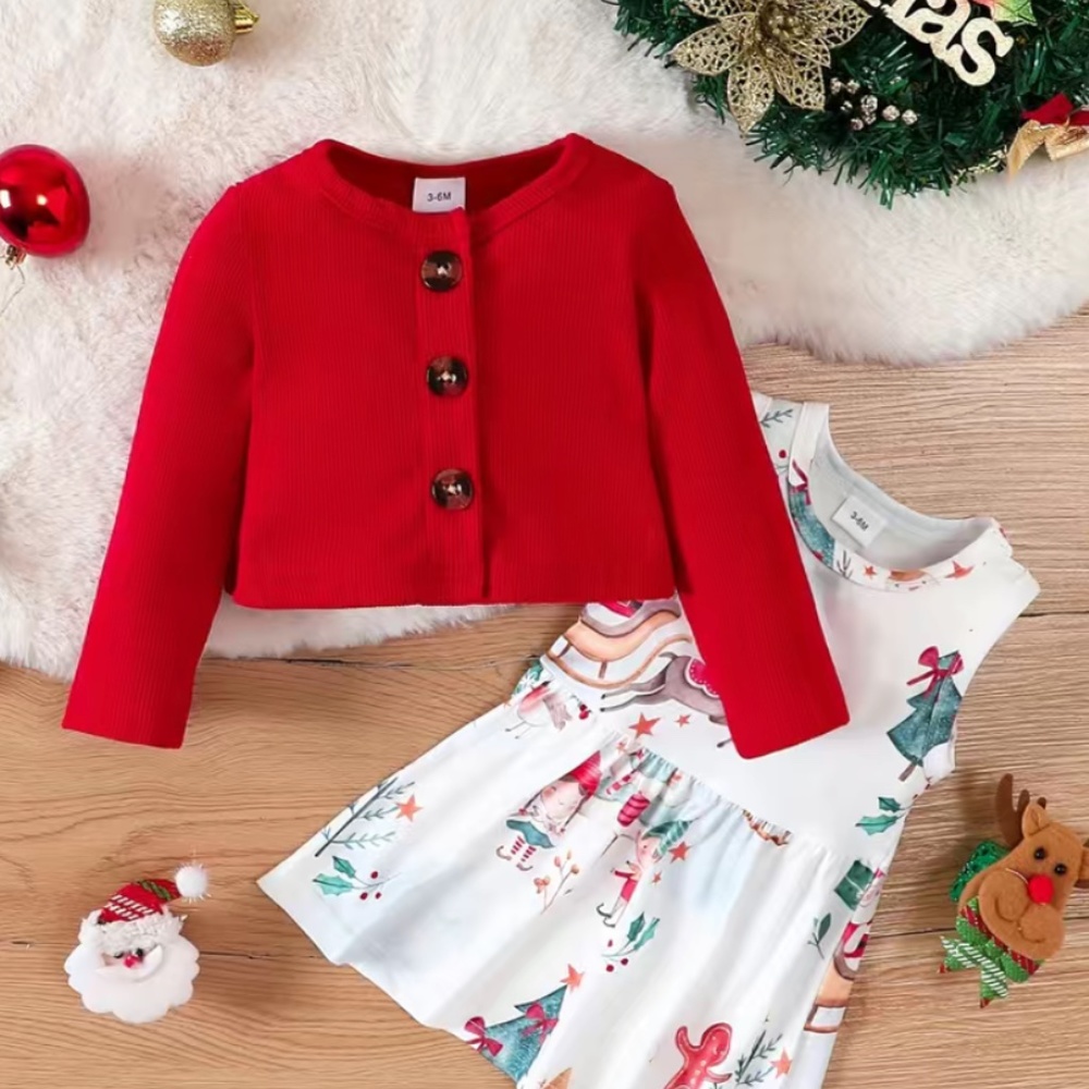 🆕 Adorable two piece Christmas dress with matching red cardigan